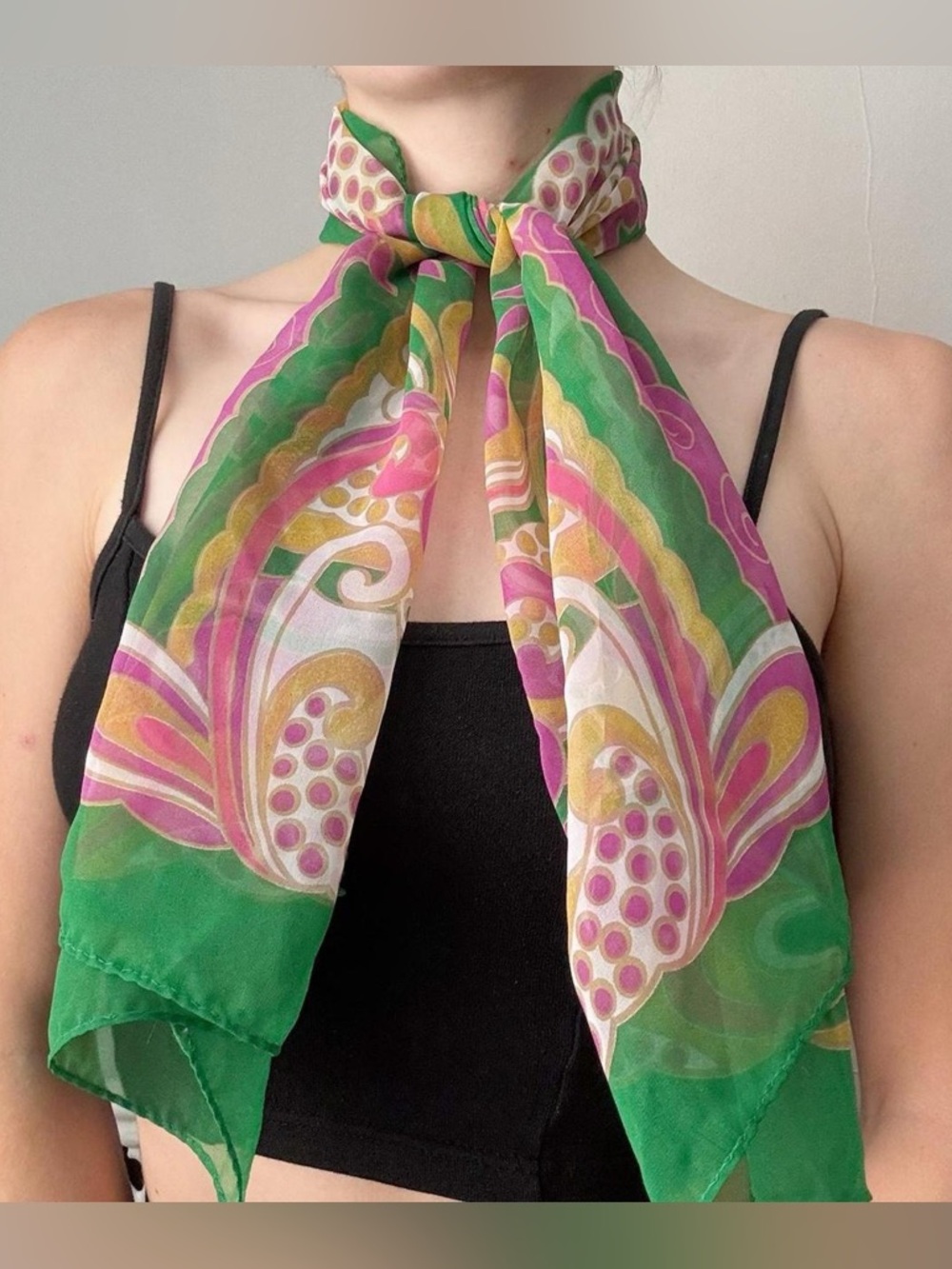 Vintage 70s green & pink abstract paisley oblong psychedelic scarf